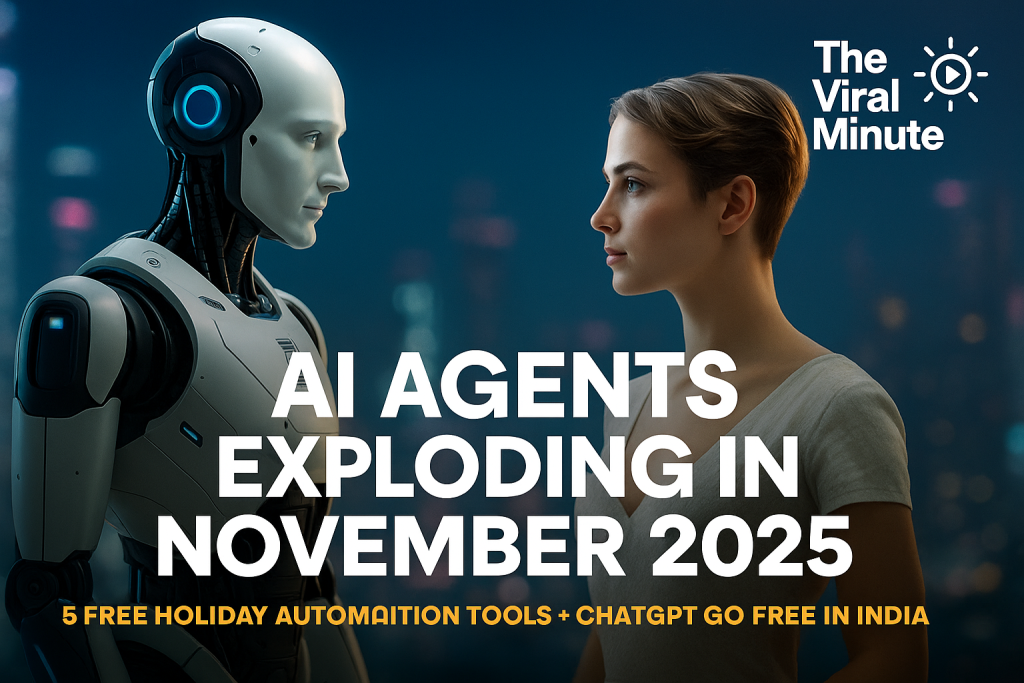 AI agents and automation tools illustrated with futuristic interface graphics – featured image for The Viral Minute’s article on AI agents exploding in November 2025.