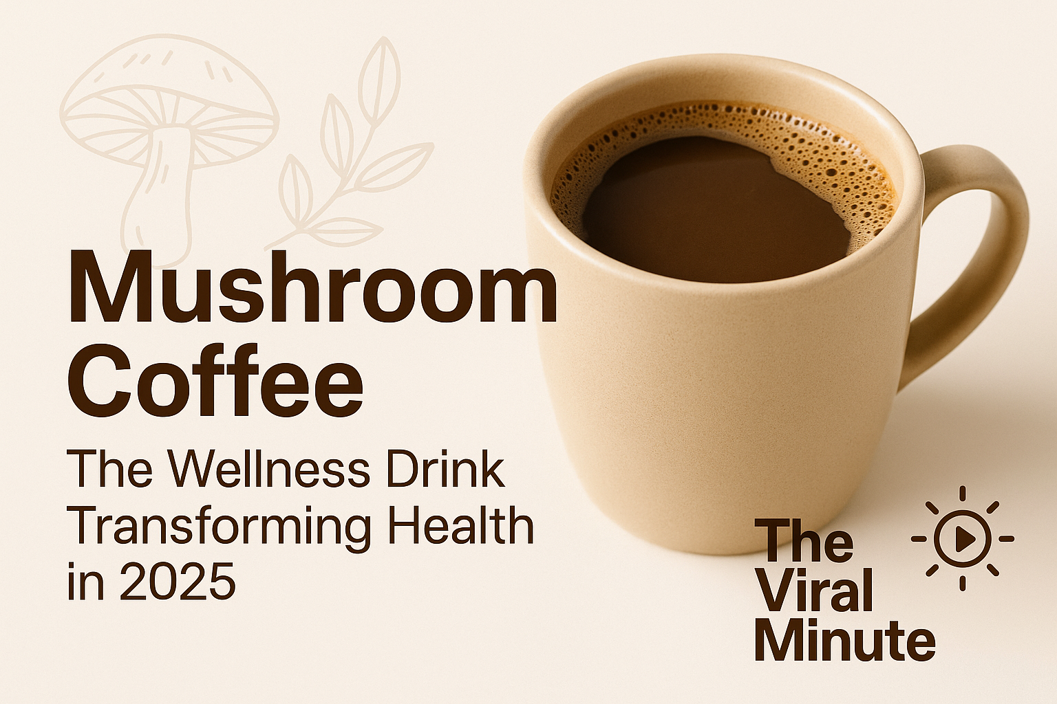 “Mushroom coffee in a beige mug with ‘Mushroom Coffee – The Wellness Drink Transforming Health in 2025’ text and The Viral Minute logo