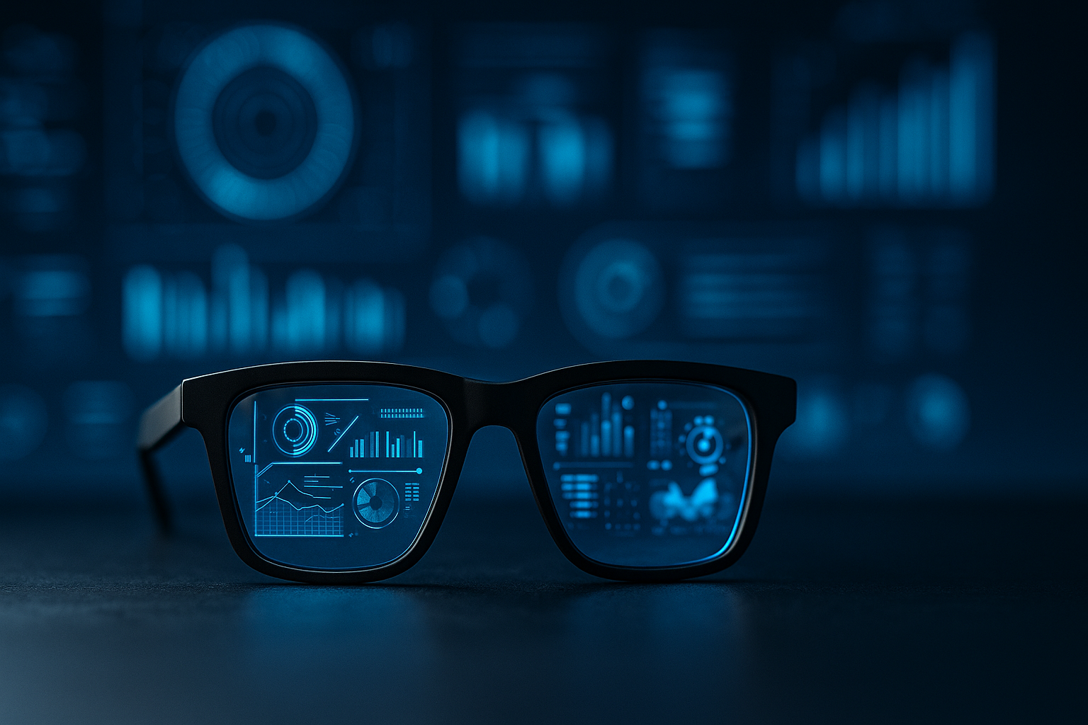 Close-up of futuristic AI-powered smart glasses with holographic digital interface and neural network data background