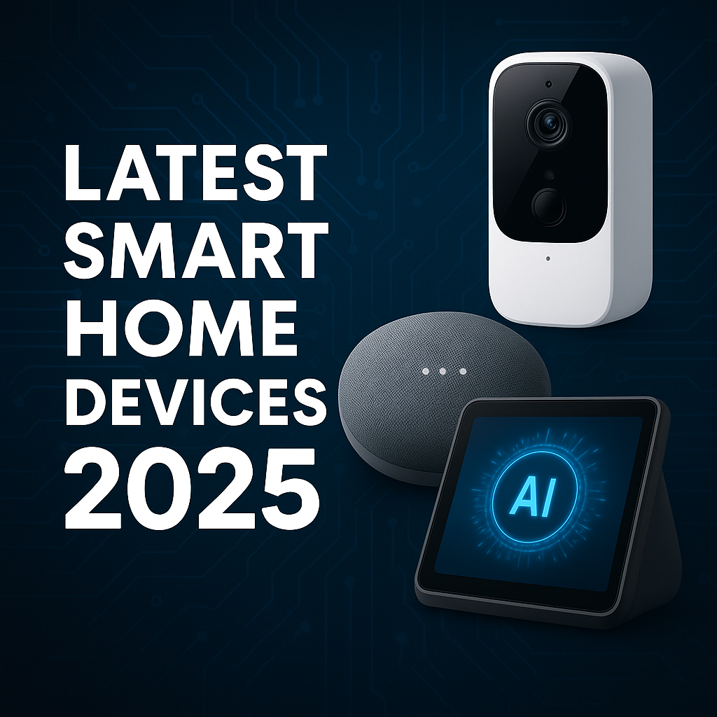 Smart home devices 2025 – AI-powered gadgets like smart thermostat, security camera, and voice assistant in a modern connected home interior.
