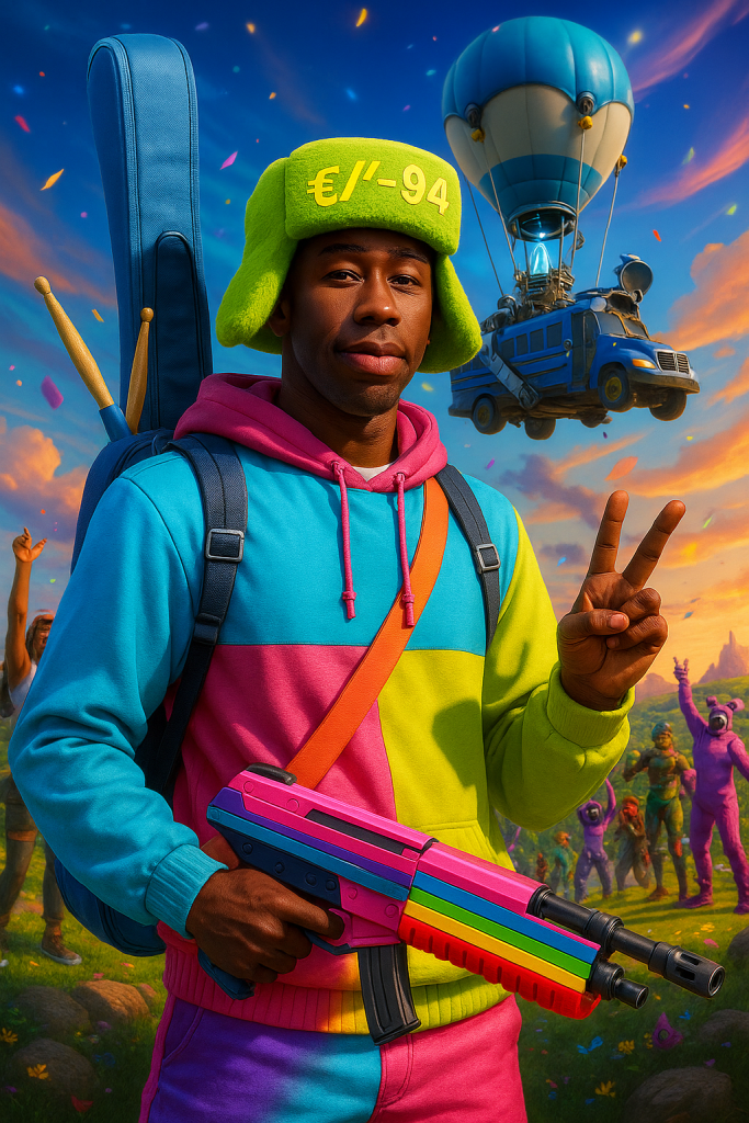 Hyper realistic image of Tyler The Creator Fortnite skin, featuring iconic outfits, emotes, and Battle Bus background