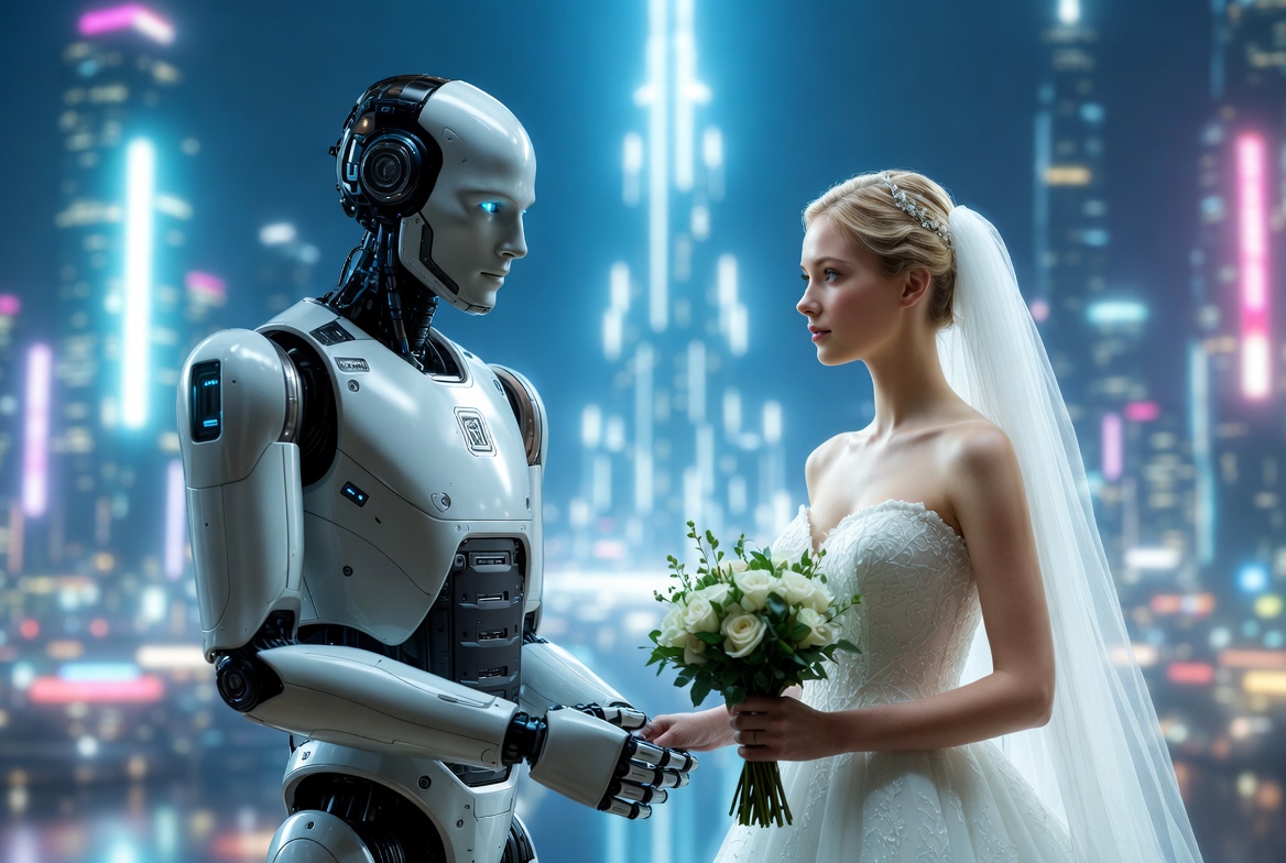 Woman in white wedding dress standing next to a holographic AI groom during a virtual wedding ceremony