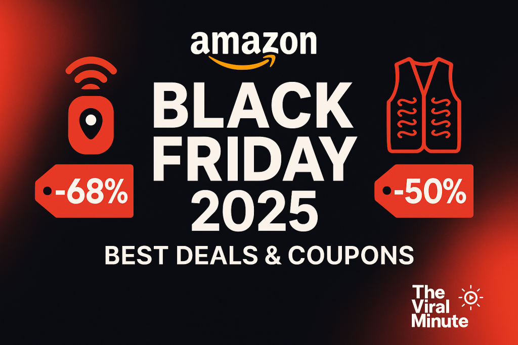 Amazon Black Friday 2025 featured image showing discounted GPS trackers and heated vests with bold sale graphics and The Viral Minute logo.”