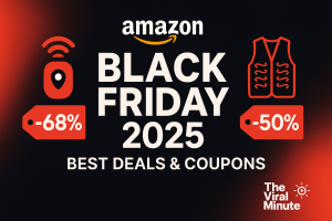 Amazon Black Friday 2025 featured image showing discounted GPS trackers and heated vests with bold sale graphics and The Viral Minute logo.”