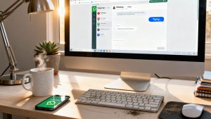 Desktop scene displaying WhatsApp Web open in a modern workspace, illustrating seamless messaging and productivity in 2025