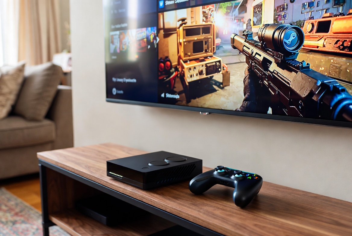 Valve Steam Machine gaming console and controller beside a 4K TV displaying a popular Steam game in a modern living room setup.