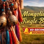 Traditional Mongolian jingle bells hanging from a decorated saddle with text reading Mongolian Jingle Bell 60-Second Roundup.