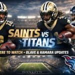 Saints vs Titans game preview featuring Chris Olave and Alvin Kamara with Tennessee Titans defender in stadium