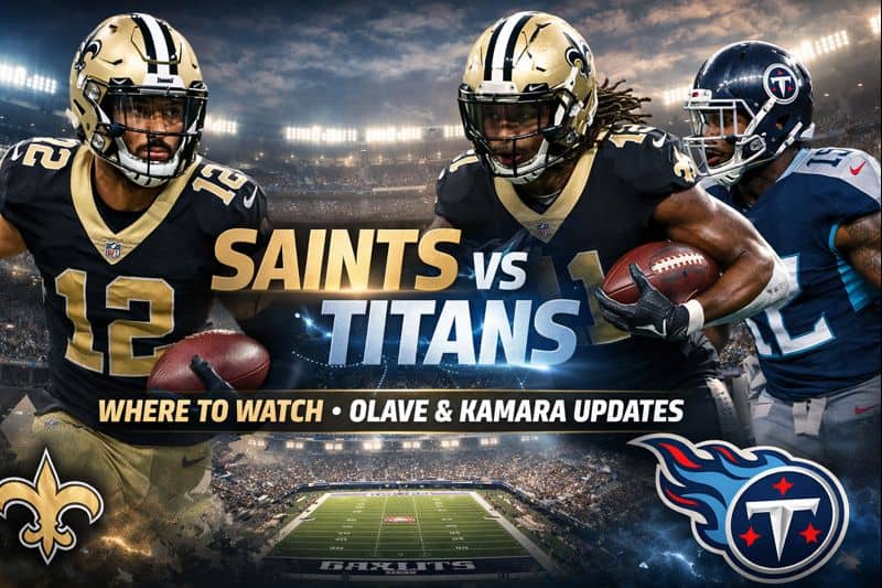 Saints vs Titans game preview featuring Chris Olave and Alvin Kamara with Tennessee Titans defender in stadium