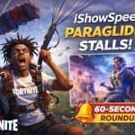 Streamer iShowSpeed paragliding as his glider stalls mid-air during a viral Fortnite skin reveal livestream.