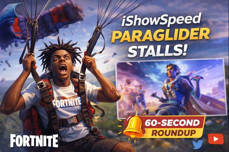 Streamer iShowSpeed paragliding as his glider stalls mid-air during a viral Fortnite skin reveal livestream.