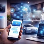 Futuristic illustration showing artificial intelligence embedded in everyday technology, including smartphones, smart homes, autonomous vehicles, and wearable devices operating seamlessly in daily life.