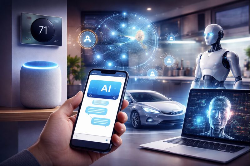 Futuristic illustration showing artificial intelligence embedded in everyday technology, including smartphones, smart homes, autonomous vehicles, and wearable devices operating seamlessly in daily life.