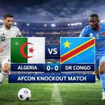 Broadcast-style graphic showing Algeria vs DR Congo with both flags and a live scoreboard reading 0–0 during an AFCON knockout match.