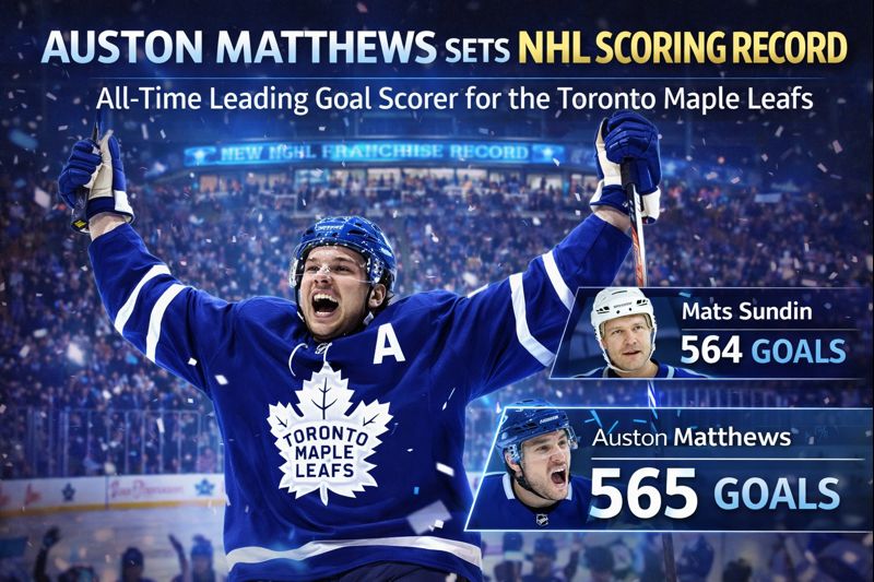 Auston Matthews celebrates after scoring a historic goal to become the Toronto Maple Leafs’ all-time leading scorer in an NHL game.
