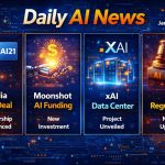 Daily AI news January 1 2026 dashboard showing Nvidia AI21 deal, Moonshot AI funding, xAI data center and AI regulation icons