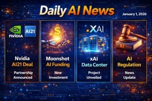 Daily AI news January 1 2026 dashboard showing Nvidia AI21 deal, Moonshot AI funding, xAI data center and AI regulation icons