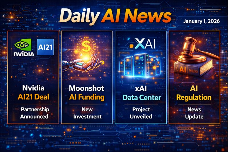 Daily AI news January 1 2026 dashboard showing Nvidia AI21 deal, Moonshot AI funding, xAI data center and AI regulation icons