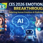 CES 2026 Emotional AI graphic showing emotion-detection technology, AI brain visuals, and a pet wearing a smart health-tracking collar in Las Vegas.