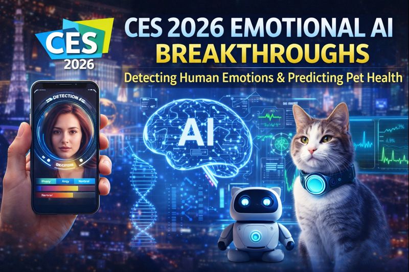 CES 2026 Emotional AI graphic showing emotion-detection technology, AI brain visuals, and a pet wearing a smart health-tracking collar in Las Vegas.