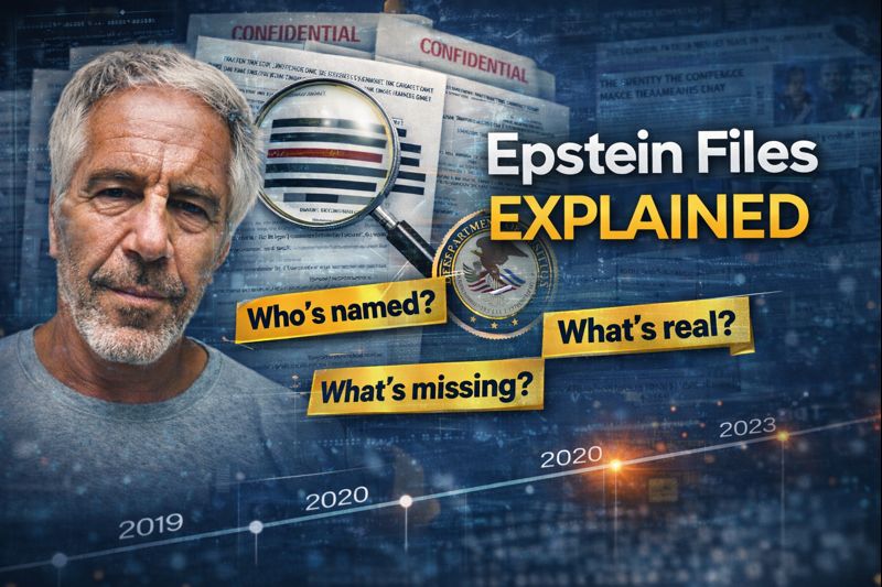 Epstein files visual showing sealed court documents, DOJ markings, and shadowed figures, symbolizing unanswered questions surrounding the Epstein files