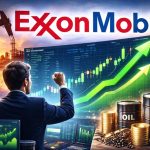 Exxon Mobil stock graphic showing rising green price chart, oil pumpjack, barrels, and investor celebrating gains as XOM stock trends higher.
