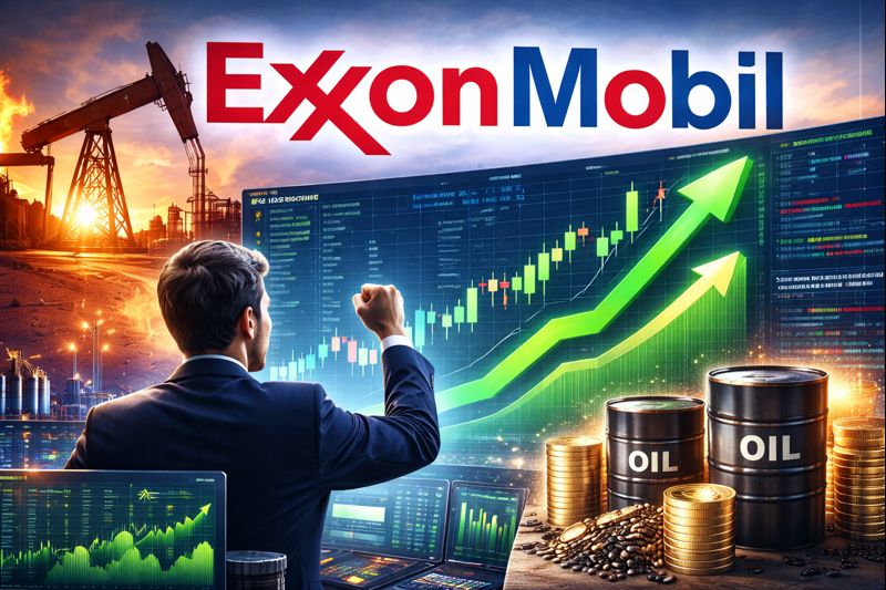 Exxon Mobil stock graphic showing rising green price chart, oil pumpjack, barrels, and investor celebrating gains as XOM stock trends higher.