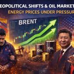 Hyperrealistic image showing Nicolás Maduro in handcuffs, oil barrels, rising Brent crude chart, and world leaders Donald Trump and Xi Jinping symbolizing geopolitical pressure on oil markets in 2026.