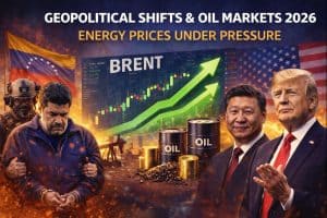Hyperrealistic image showing Nicolás Maduro in handcuffs, oil barrels, rising Brent crude chart, and world leaders Donald Trump and Xi Jinping symbolizing geopolitical pressure on oil markets in 2026.