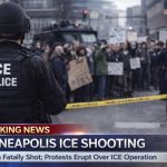 Minneapolis ICE shooting scene graphic showing federal vehicles, police tape, flashing lights, and a “Breaking News” banner near 34th and Portland in Minneapolis.