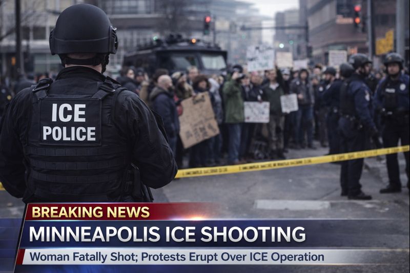 Minneapolis ICE shooting scene graphic showing federal vehicles, police tape, flashing lights, and a “Breaking News” banner near 34th and Portland in Minneapolis.