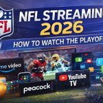 NFL Streaming 2026 graphic showing a football stadium, TV and mobile streaming icons, and a multi-platform viewing map for watching playoff games across services.
