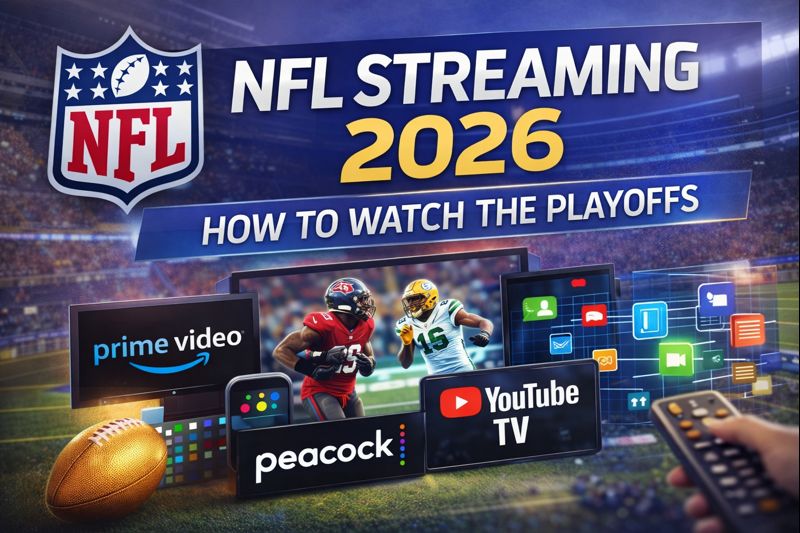 NFL Streaming 2026 graphic showing a football stadium, TV and mobile streaming icons, and a multi-platform viewing map for watching playoff games across services.