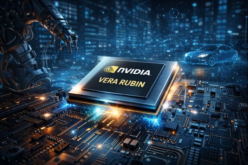 NVIDIA Vera Rubin chip visualized in a technology illustration showing advanced AI processing cores, data flow, and next-generation computing architecture.