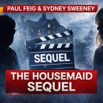 TV-news style entertainment graphic showing Paul Feig and Sydney Sweeney with “The Housemaid” sequel headline and a rising trend chart indicating the story is breaking.