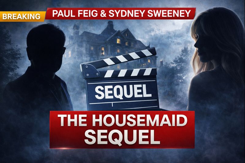 TV-news style entertainment graphic showing Paul Feig and Sydney Sweeney with “The Housemaid” sequel headline and a rising trend chart indicating the story is breaking.