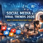 Creator recording content with engagement metrics, AI visuals, and social media icons illustrating viral trends shaping digital reach in 2026.