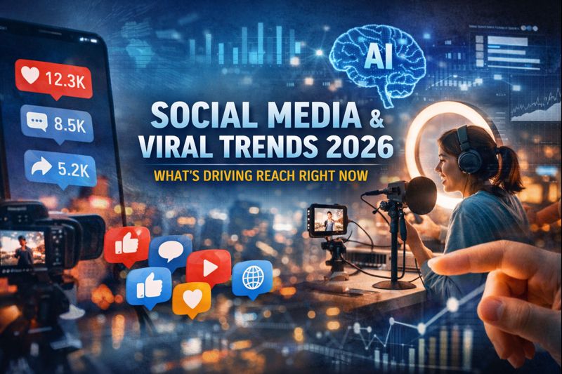 Creator recording content with engagement metrics, AI visuals, and social media icons illustrating viral trends shaping digital reach in 2026.