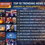 Top 10 trending news stories graphic for January 4, 2026, featuring global headlines on Venezuela, U.S. policy, oil markets, technology, and sports.