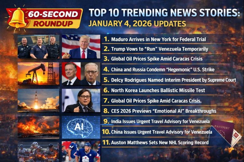 Top 10 trending news stories graphic for January 4, 2026, featuring global headlines on Venezuela, U.S. policy, oil markets, technology, and sports.