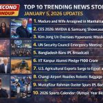 Global news collage showing Nicolás Maduro in a Manhattan courtroom, CES 2026 in Las Vegas, missile testing in North Korea, and major technology and political developments on January 5, 2026.