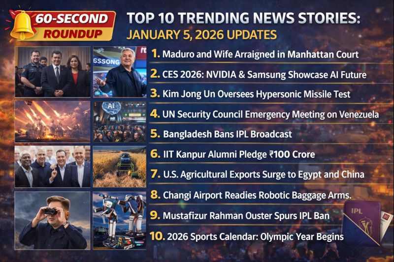 Global news collage showing Nicolás Maduro in a Manhattan courtroom, CES 2026 in Las Vegas, missile testing in North Korea, and major technology and political developments on January 5, 2026.