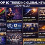 Top Trending Stories 60-Second Roundup graphic for January 10, 2026, showing global headlines on Venezuela markets, CES 2026 tech, Iran blackout, and international politics.