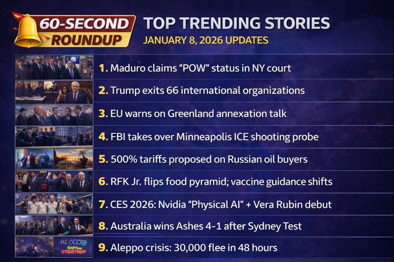 Top Trending 60-second roundup graphic in a TV-news style layout showing a left column of news thumbnails and a right-side numbered list of top global headlines