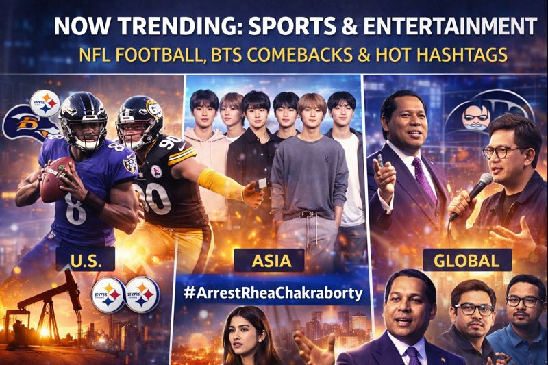 Global social media trends graphic showing NFL rivalry buzz, BTS comeback chatter, and viral hashtags trending on X across the US, Asia, and worldwide.