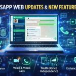 WhatsApp Web 2026 interface shown on a laptop with AI assistance, voice and video calls, multi-device independence, and enhanced security features.
