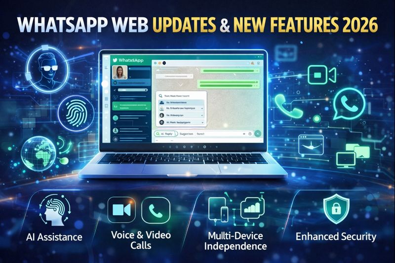 WhatsApp Web 2026 interface shown on a laptop with AI assistance, voice and video calls, multi-device independence, and enhanced security features.