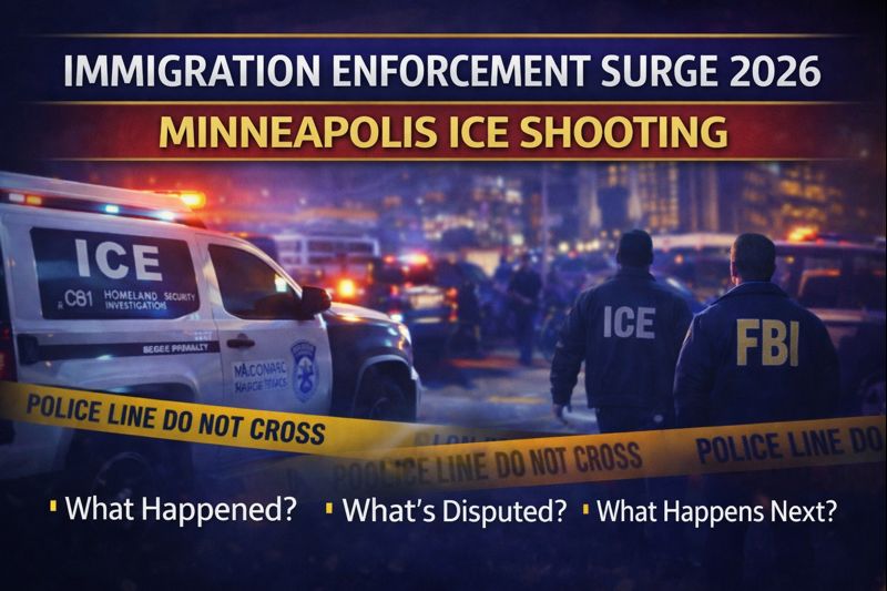 Immigration enforcement surge 2026 graphic showing FBI headquarters branding, evidence tape, and a federal investigation theme connected to the Minneapolis ICE shooting case.