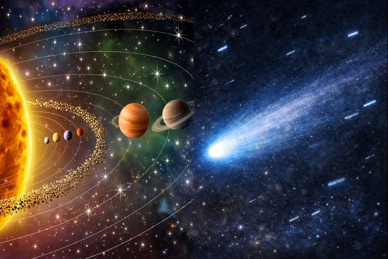 Interstellar Comet 3I/ATLAS illustrated in a diagram showing its trajectory through the solar system, with Earth and other planets labeled for scale and position.