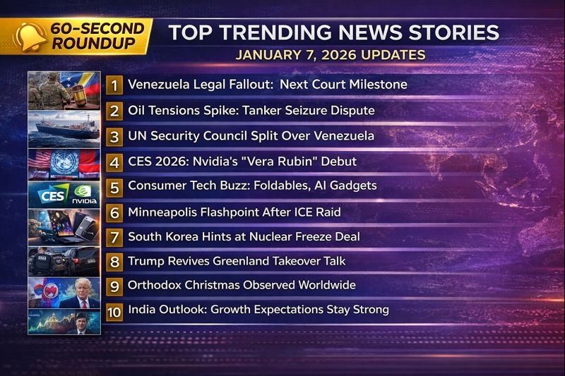 Top Trending News 60-second roundup graphic for January 7, 2026, featuring a TV-news style layout with 10 global headlines on Venezuela fallout, CES 2026 AI, immigration enforcement, and geopolitics.